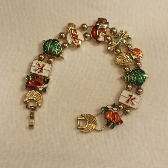 Vintage  Christmas Slide Charm Bracelet Enamel Gold Tone Santa Wreath Tree - Picture 1 of 5
